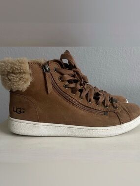 Ugh Olive high top leather sneaker, high top with shearling at ankle. Womens 10.